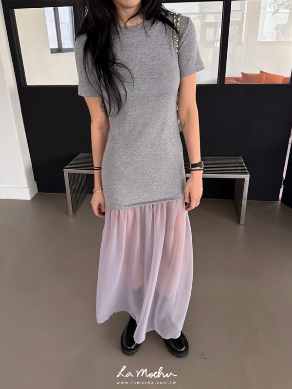 棉質拼紗圓領長洋裝